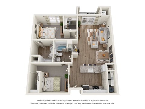 Floor plan for 2 beds, 2 baths, 1044 sqft